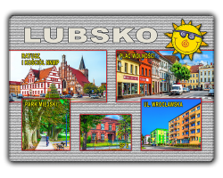 Magnes elastyczny 65x90 LUBSKO Ratusz i kościół NNMP, Plac Wolności, Park Miejski, SP 2, Wrocławska - szare tło, srebrny napis